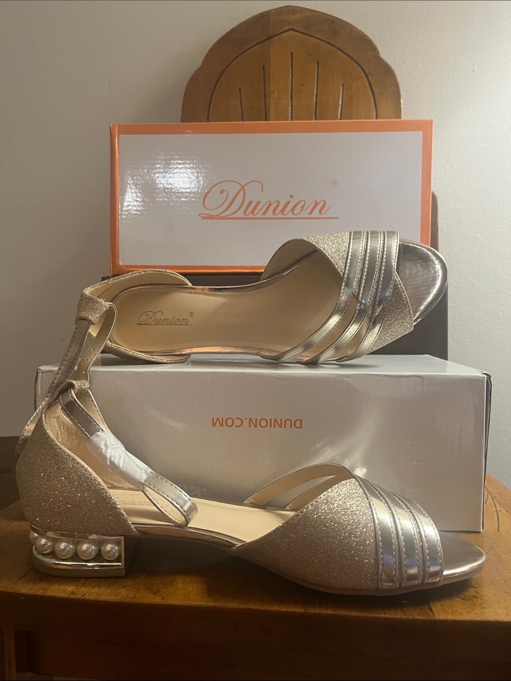 Gold Pearl-Accent Low Block Heel Sandals for Women